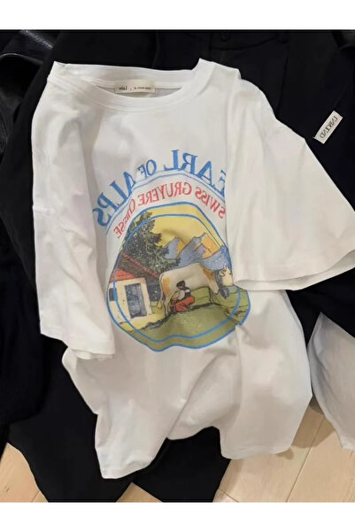 Tarzsokak Bela Y2K majica sa crtanim printom, letnja američka majica, jednobo...