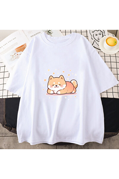 Tarzsokak طباعة كلب شيبا إينو باللون الأبيض للصيف/رقبة دائرية