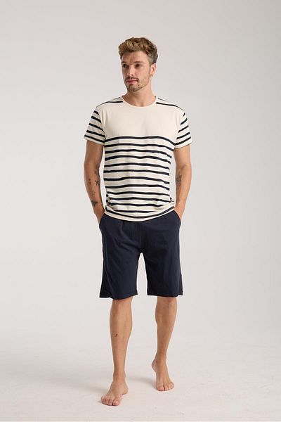 Akbeniz Men's Cream Crew Neck Short Sleeve Pajama Set with Shorts