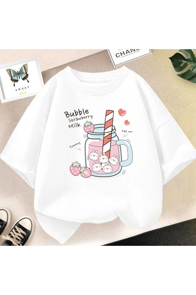 Tarzsokak تي شيرت أبيض بطبعة جرافيك لعصير الفراولة باللون الوردي الجمالي تي ش...