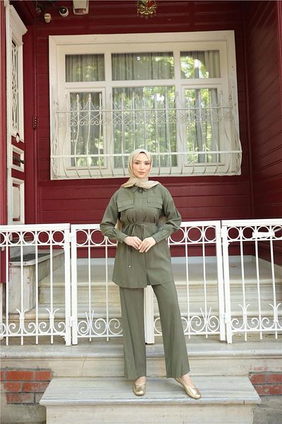 Bwest Shirt Collar Waist Laced Short Tunic Double Hijab Tracksuit Set - (38-46) - 71299 - Khaki