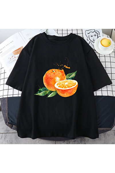 Tarzsokak Черна плодова нар портокалова Хараджуку тениска Kawaii пролет и лят...
