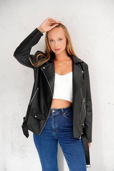 MEYASU Women's Black Belted Oversize Long Leather Jacket