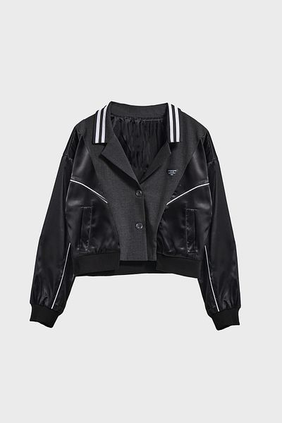 its basic Women's Anthracite Color Satin and Woven Double Piece Fabric Special Design Jacket