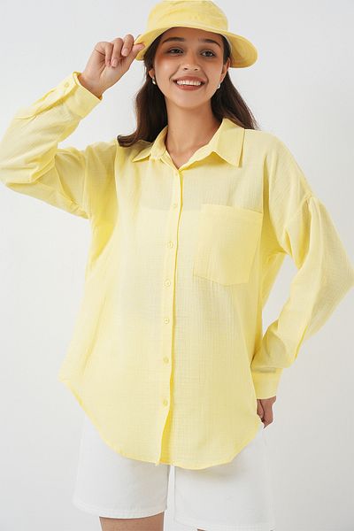 Merterium Women's Single Pocket Oversize Linen Shirt Light Yellow 1073