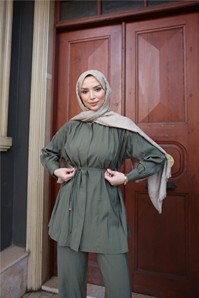Bwest Waist Laced Drawstring Short Tunic Double Hijab Tracksuit Set - (38-46) - 71298 - Khaki
