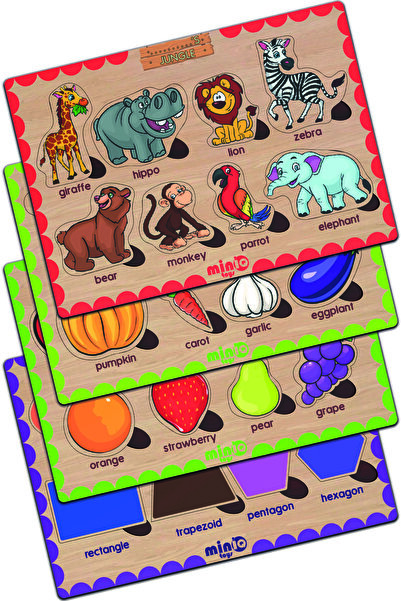 Wooden English Forest Animal-Vegetables-Fruits-Shapes Set of 4 Educational-Puzzles
