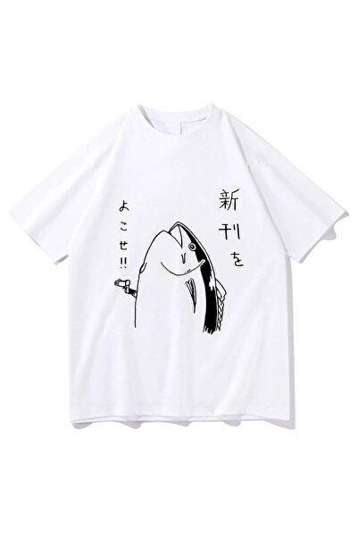 Tarzsokak تي شيرت أبيض مضحك على شكل سمكة يابانية،/ Harajuku Kawaii i قطع علوي...