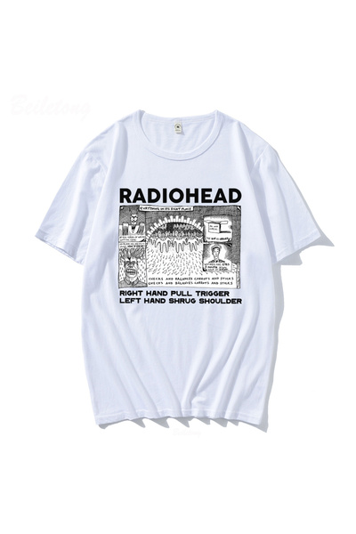 Tarzsokak تي شيرت أبيض مطبوع عليه رسومات ريترو مضحكة من Radiohead ler فضفاضة ...