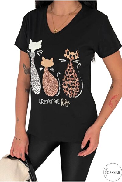 Cassime Women's Black V-Neck 3 Cat Sequins Sequin Embroidered 100% Cotton Plus Size T-Shirt Xl-2Xl-3Xl
