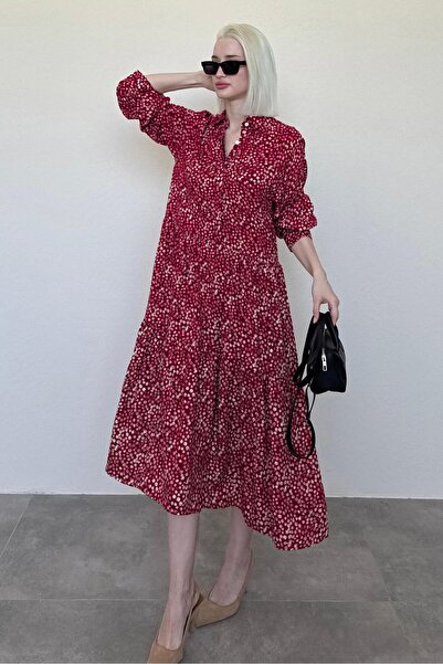 Madmext Bordo Uzun Kollu Düğmeli Desenli Elbise Mg2431