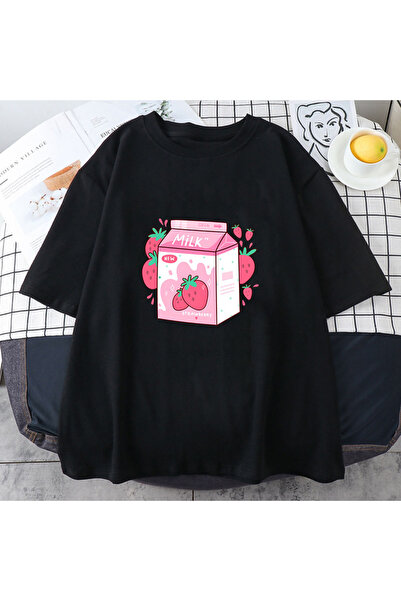 Tarzsokak Imprimeu cu desene animate cu lapte de căpșuni negre - cămașă moale...