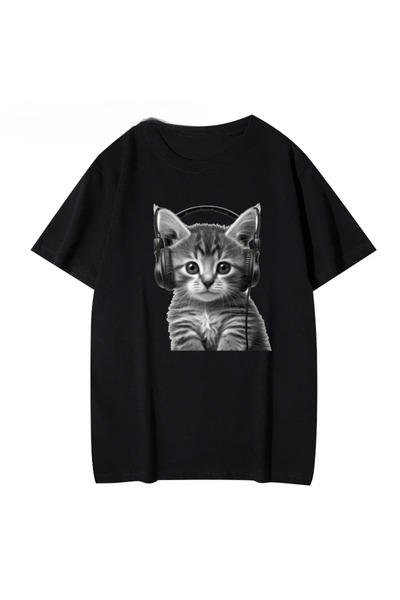 Tarzsokak Tricou negru cu imprimeu Kawaii Puppy Headphones Tkırmızlar