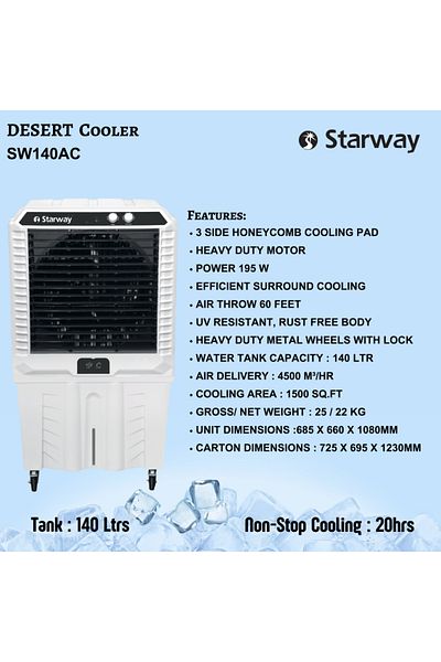 starway 140 Lt Cooling Desert Air Cooler, Energy Saving, Noiseless, Easy to Move, Heavy Duty Motor