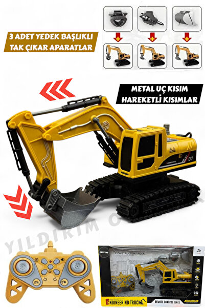 YILDIRIM OYUNCAK Uzaktan Kumandalı Şarjlı Ekskavatör Işıklı Değişebilir 3 Farklı Başlık 360° Dönen Kepçe