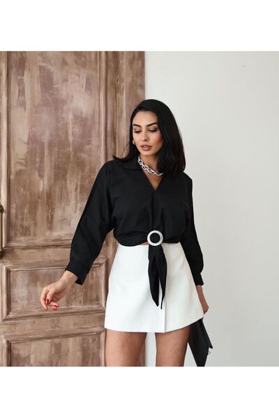 Azda Önü Tokalı Baglamalı Poplin Kadın Gömlek Md:655