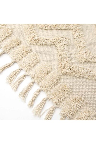 Davida Dreams Cotton rug, geometric embossed pattern, with fringes, 100 x 67 cm, ecru