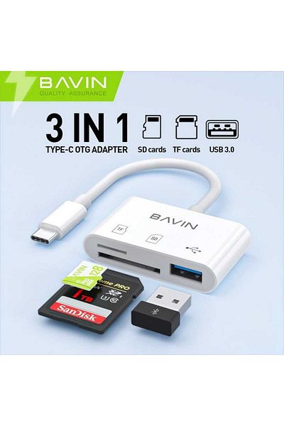 Bavin قارئ بطاقات 3 في 1 من النوع C إلى TF/SD + USB أبيض