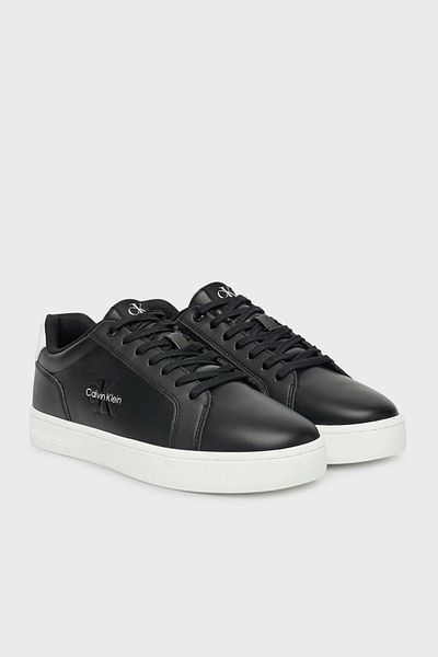 Calvin Klein Men's Leather Laced Flat Sole Round Toe Ck Patterned Black Sneaker Ym0Ym01369-0Gm
