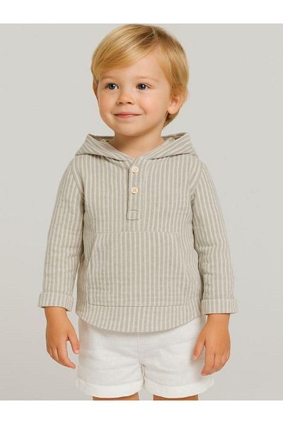 Zekids Boy's Muslin Hooded Striped Kangaroo Pocket Shirt