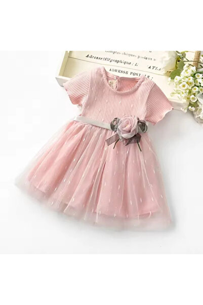 UniqueStore.ro Rochie roz cu fustă din tul și floare decorativă