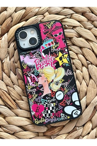 HYPERSOFT iPhone 13 and 14 (6.1 Inch) Compatible Casefity Black Mirrored Case Cute Pink Figure Pattern Premium Cap