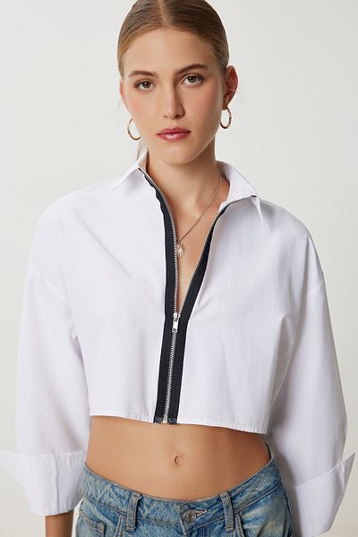 Lovelyİstanbul Cămașă țesută crop cu fermoar contrastant LKT0012 ECRU