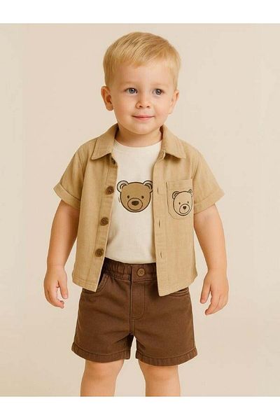 Zekids Baby Boy Teddy Bear Patterned Jacket T-Shirt Shorts 3-Piece Set