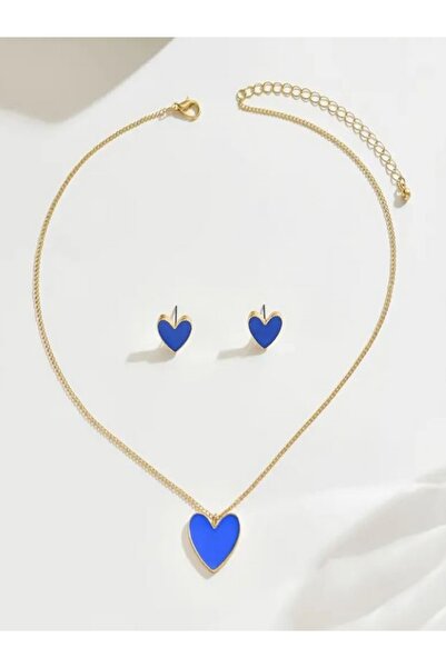 Alyas Aksesuar Minimalist Heart Necklace Earring Set Blue