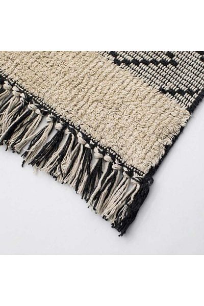 TOPI TOY Decorative winter rug, beige-black cotton with stripes and fringes, 110 x 80 cm