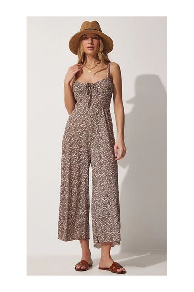Namaste Vintage Soil Color Floral Print Suspender, Drawstring Elastic Overalls