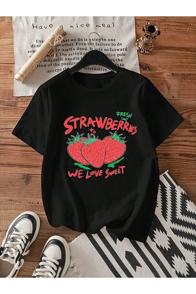 ELNOYA Unisex Black Oversize "Sweet Strawberry" Printed Crew Neck Comfortable T-Shirt