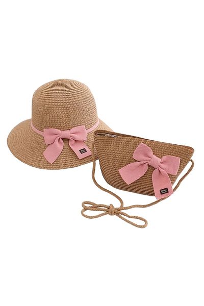 Mixbo Set hat and purse for girls with pink bow Mixbo, made of straw, 54 cm, nude
