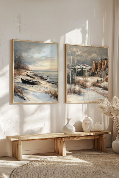STARYUNA Ahşap çerçeveli kayıklı kış manzaralı tablo, 2'li tablo seti Yuna239