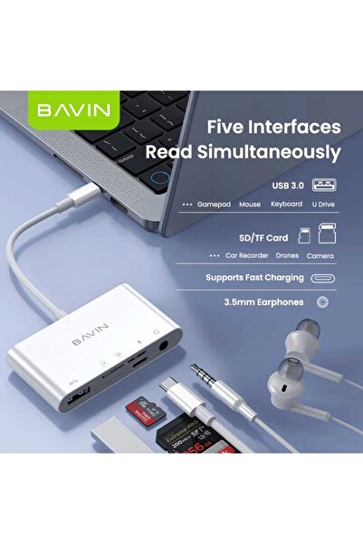 Bavin 5 in 1 Multifunctional Type-C High Speed 3.0 Card Reader Compatible with USB, Audio, SD, TF Card White