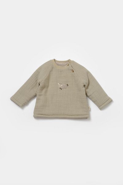 Magu Unisex Baby Cotton Green Lined Muslin Set - Lamb Embroidered Inner Furry Top and Pants with Pockets