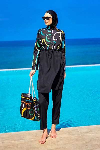 Riva Mera Costum de baie hijab negru 4 piese set costum de baie complet acoperit R2505