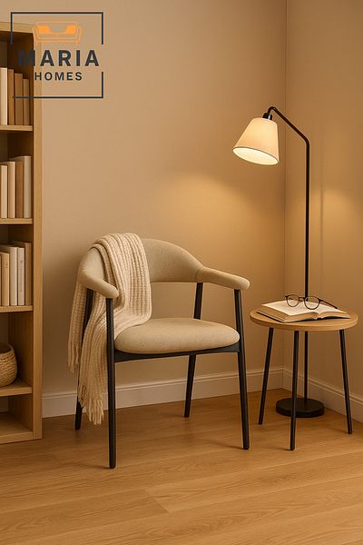 MARIA HOMES Beige Modern Dining Armchair with Black Metal Legs – Minimalist Accent Chair