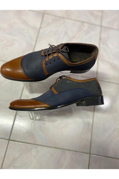 Aysun Ayakkabı Navy Blue and Coffee Inside and Outside Real Leather Lace-Up Men's Shoes