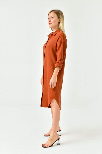 enmodaiçgiyim Brick Color 100% Cotton Muslin Woven Fabric Buttoned Long Sleeve Women's Shirt Dress