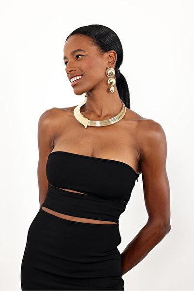 5in1Canpolat Black Strapless Window Detail Dress 12354