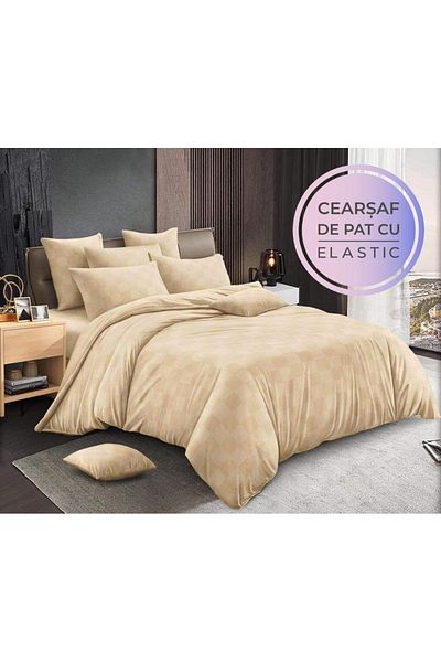 FIONNA.RO Fine Damask Bed Linen With Elastic - Beige Squares