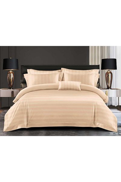 FIONNA.RO Fine Damask Bed Linen With Wide Striped Elastic - Nature Beige