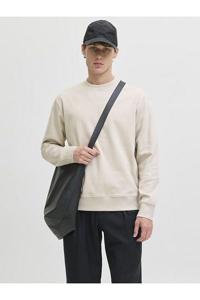 Jack & Jones Men's Beige2 Jprblachad Branding Sweat Crew Neck Ln Sweatshirt 12261386-Silverlin