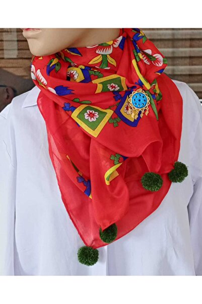 shop Ponponlu Yörük Otantik Çengelköy Desenli Yazma Fular – 100x100 cm Kırmız...