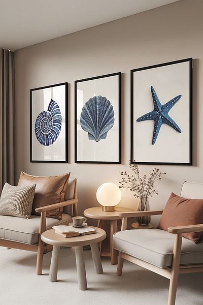 Postifull Black Painting Set, 3 Pieces Black Framed Poster Seashells Model No:300890, Blue Wall Decor