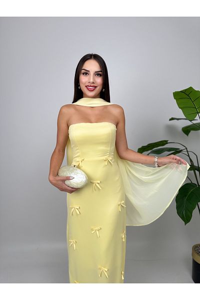GİZONLY Strapless Bow Detail Long Evening Dress - Elegant Cape Design