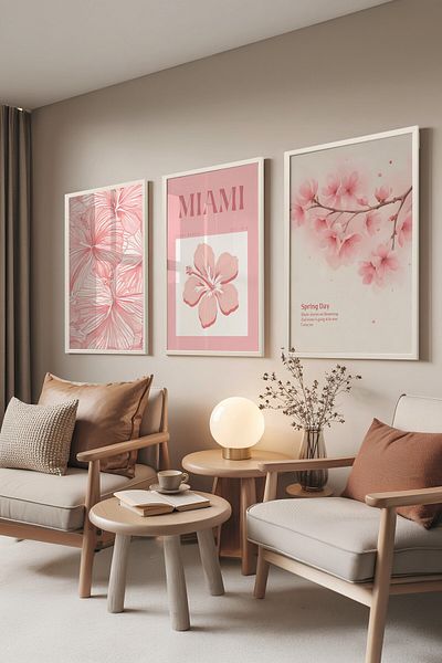 Postifull White Painting Set, 3 Pieces White Framed Poster Miami Model No:300799, Pink Wall Decor