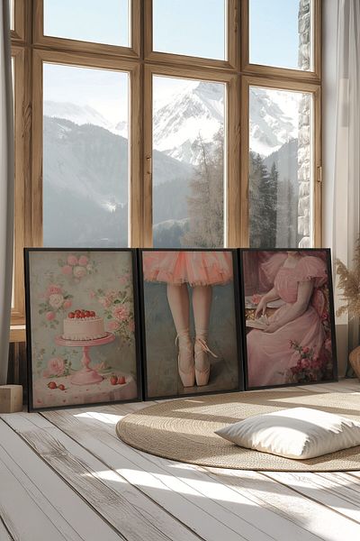 Postifull Black Painting Set, 3 Pieces Black Framed Poster Strawberry Cake Model No:300892, Pink Wall Decor
