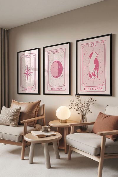 Postifull Black Painting Set, 3 Pieces Black Framed Poster Tarot Cards Model No:300898, Pink Wall Decor